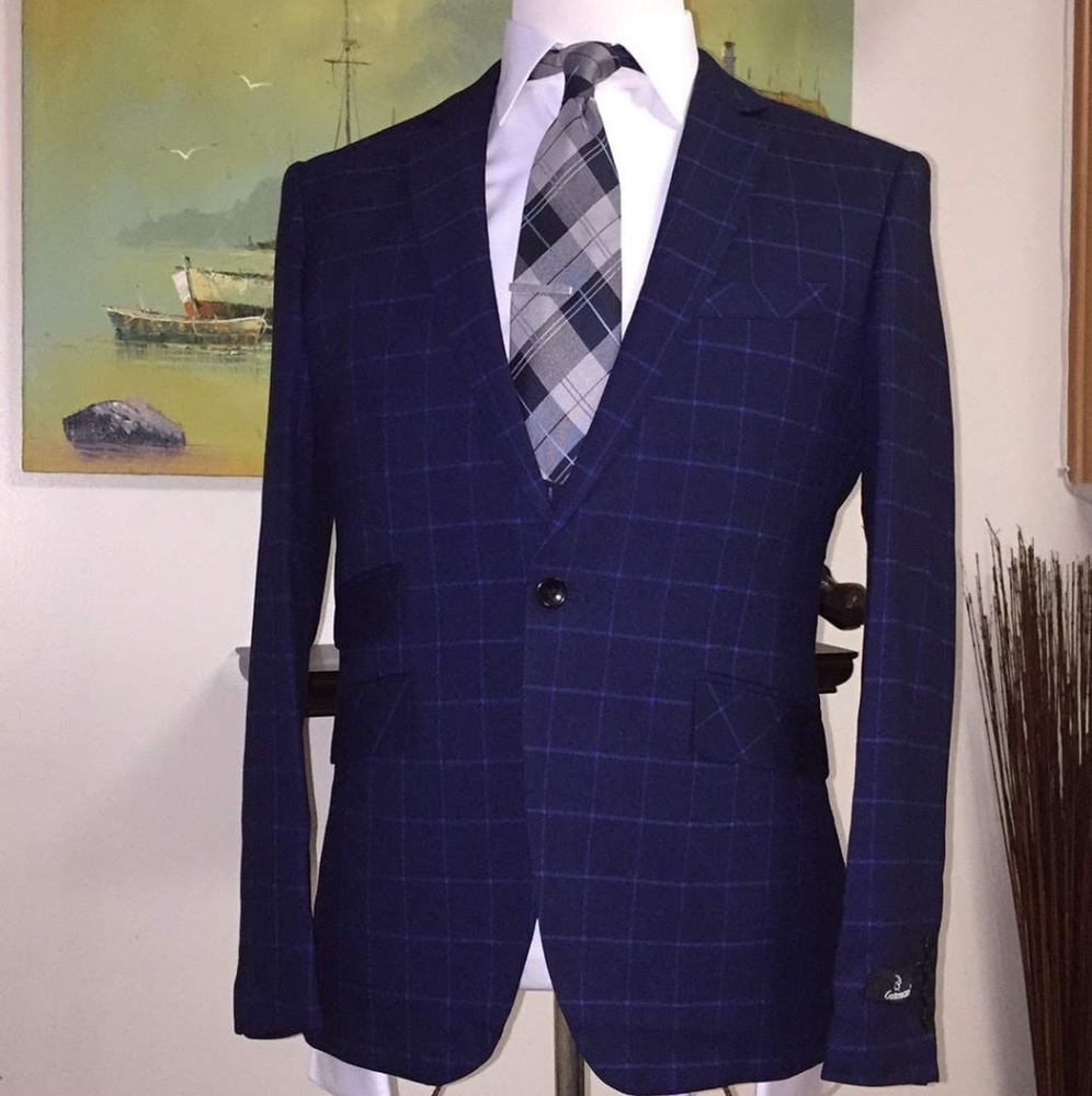 3 Piece Men's British Cut Plaid Suit Fitted Blue